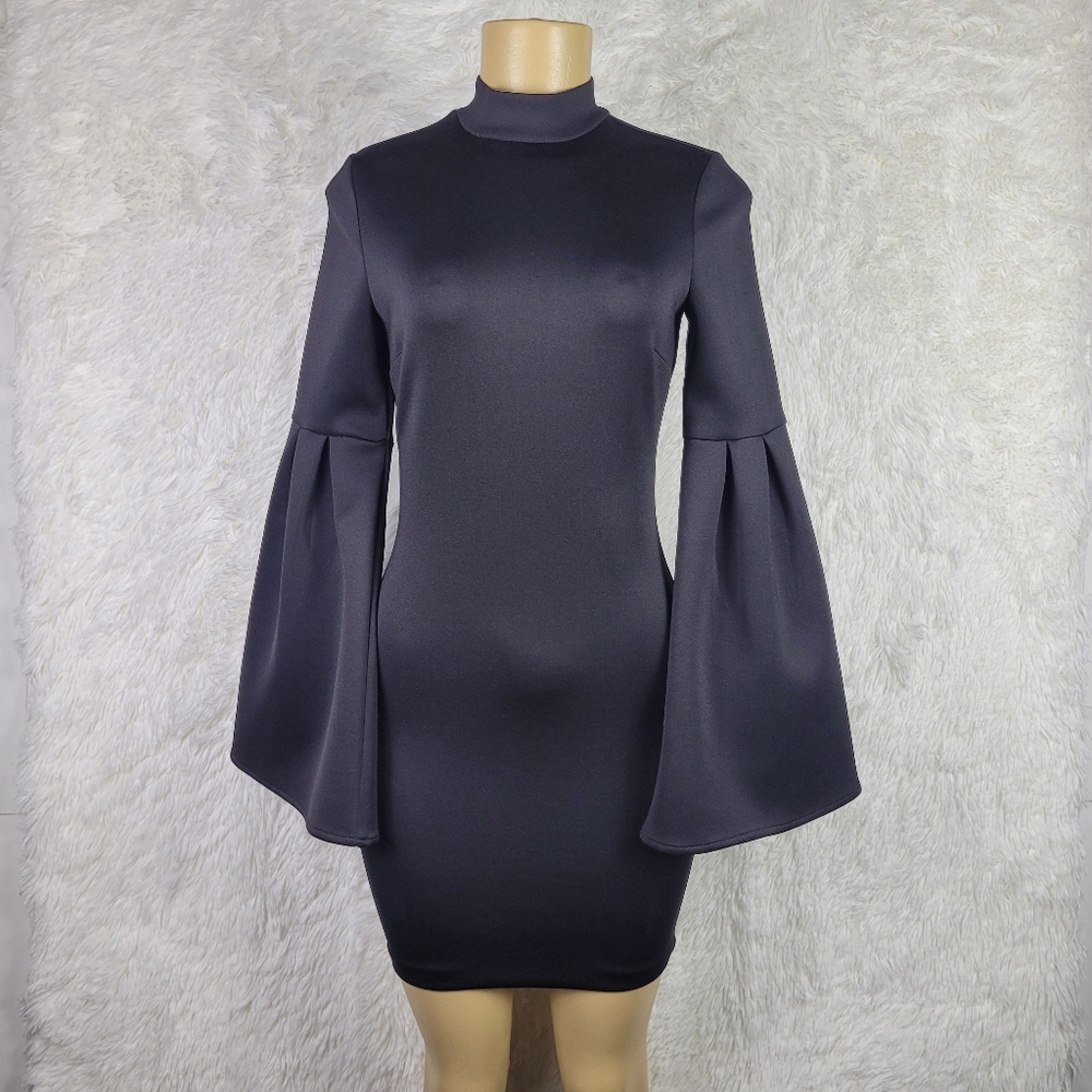 Guess XXS Luba Black Pleated Bell Sleeve Mock Neck Mini Dress Whimsigoth